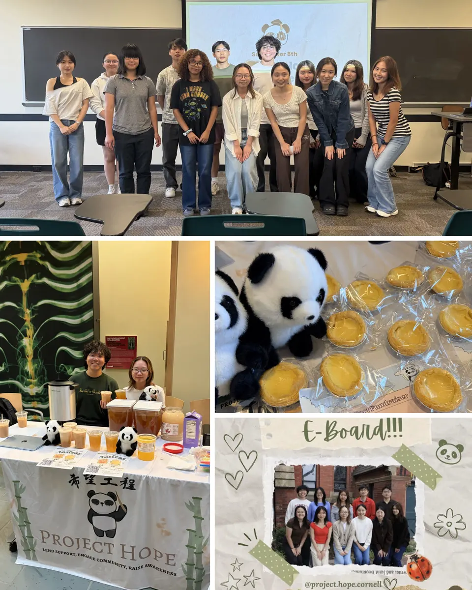 Project Hope collage: the club group photo, the Tasteas fundraiser table, egg tart fundraiser, and the e-board